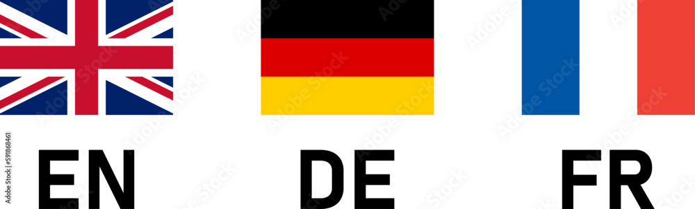 Rectangle Flag Selection Button Badge Icon Set including UK, Germany and France Flags with Language Codes for English, German and French. Vector Image. Rectangle Flag Selection Button Badge Icon Set including UK, Germany and France Flags with Language Codes for English, German and French. Vector Image.