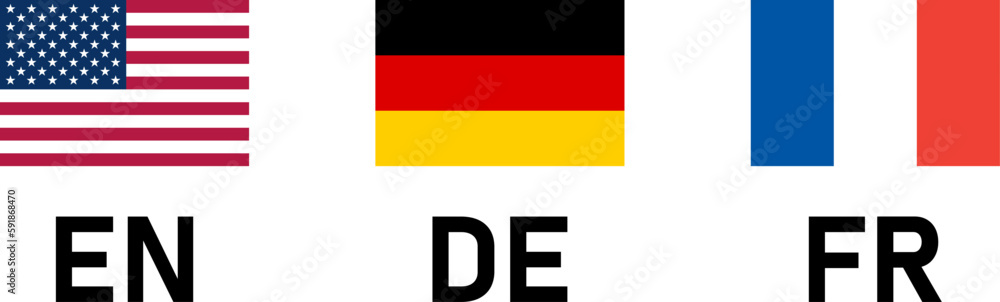 Rectangle Flag Selection Button Badge Icon Set including USA, Germany and France Flags with Language Codes for English, German and French. Vector Image. Rectangle Flag Selection Button Badge Icon Set including USA, Germany and France Flags with Language Codes for English, German and French. Vector Image.