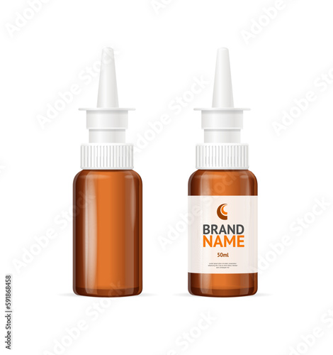 Realistic Detailed 3d Blank Nasal Spray Medical Glass Bottle Mockup Template with Label Set. Vector illustration
