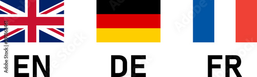 Rectangle Flag Selection Button Badge Icon Set including UK, Germany and France Flags with Language Codes for English, German and French. Vector Image.	