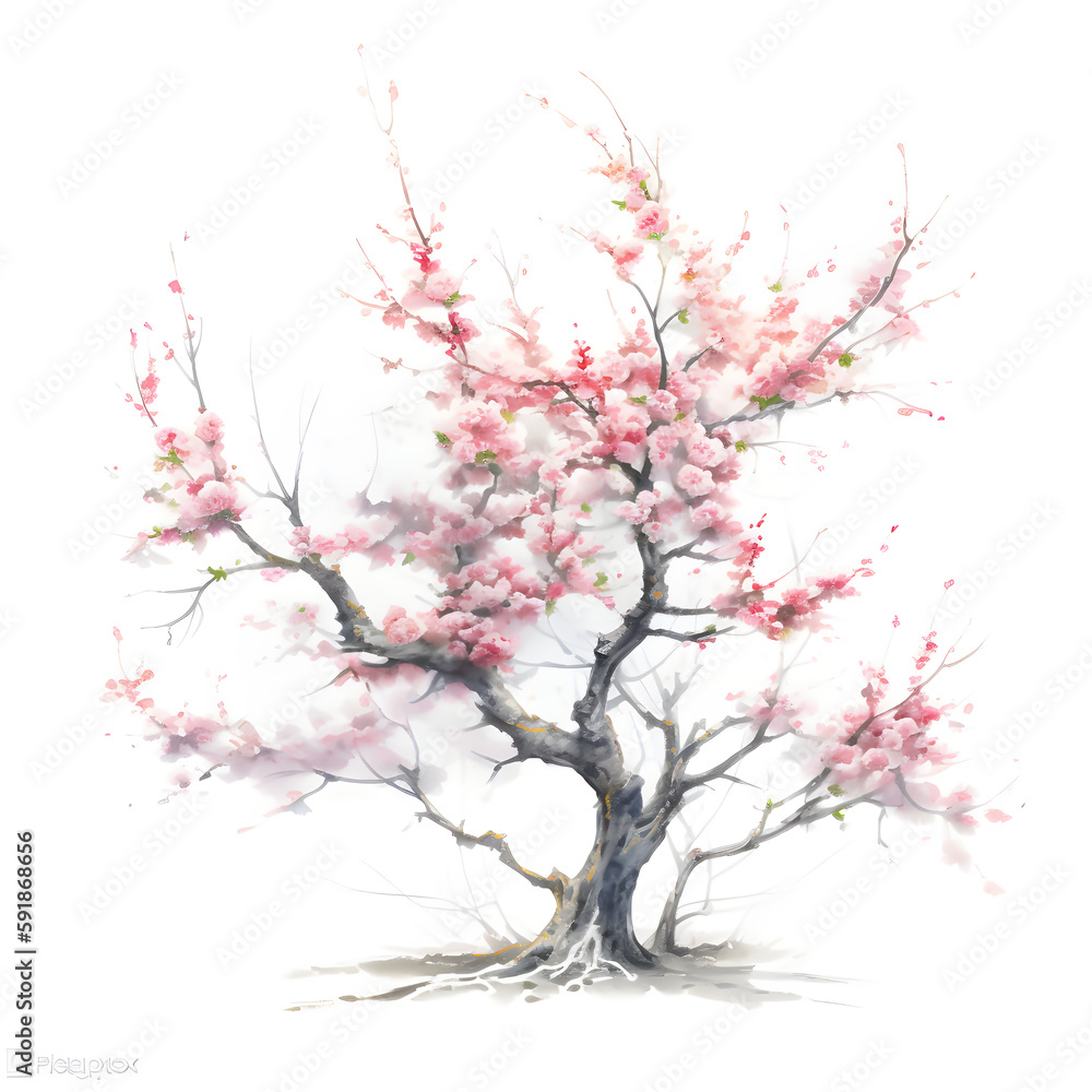 Watercolor illustration of sakura tree, isolated on white background. Generative AI