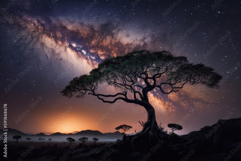 tall green tree with branches and leaves in a field of green grass. Generative AI tall green tree with branches and leaves in a field of green grass. Generative AI