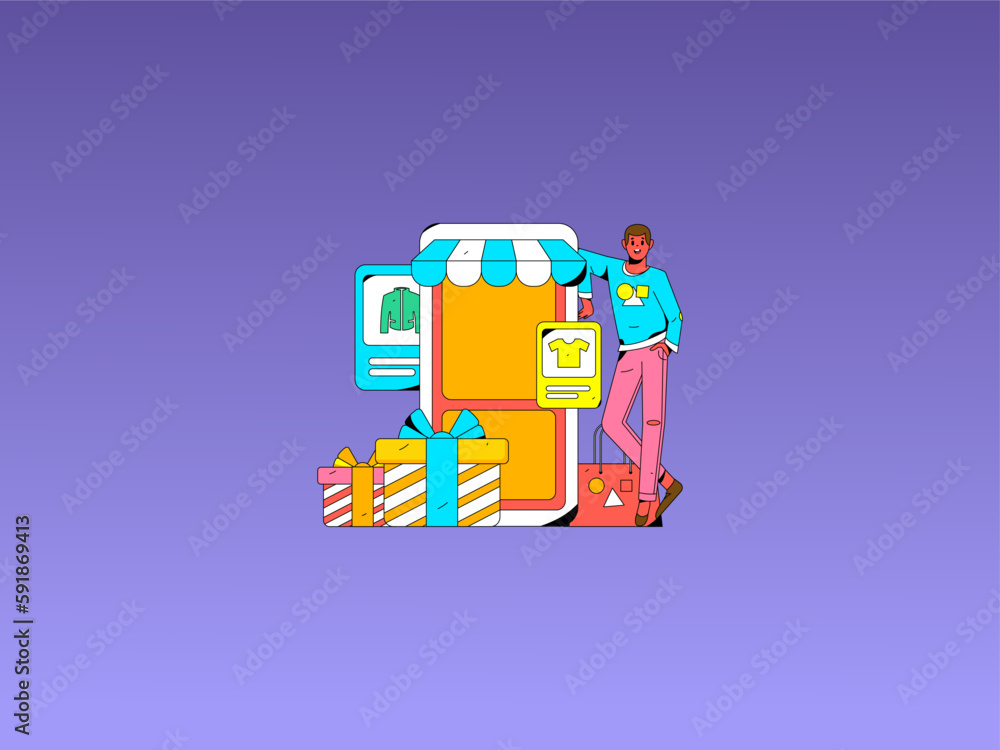 Fototapeta premium Festive Shopping E-Commerce Online Shopping People Flat Vector Concept Operation Hand Drawn Illustration 