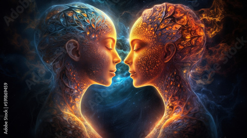 Concept of soulmates connecting on the unseen spiritual level. Generative Ai.