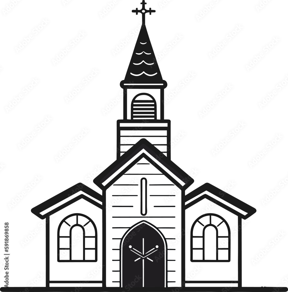 Church black linear sketch isolated on white background. Vector illustration