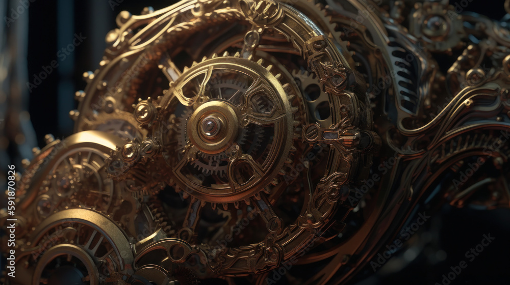 Ornate golden ancient geared machine. Generative Ai. Ornate golden ancient geared machine. Generative Ai.