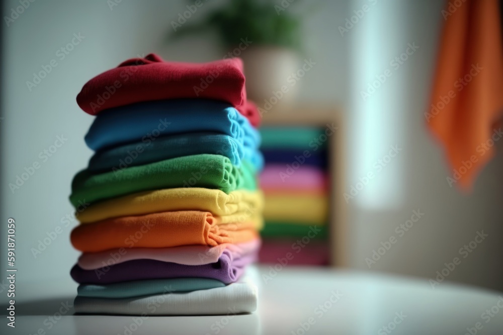 Stack of cotton and knitted colorful clothes on the table. Stacked and folded clean clothing - obrazy, fototapety, plakaty 