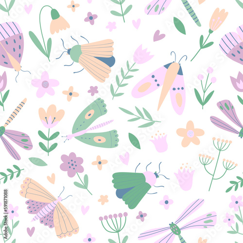 Hand drawn vector seamless pattern with insects and flowers in pastel colors. Butterfly, beetle, dragonfly, bug, moth. Summer floral repeat background for textile, wallpaper, fabric design.