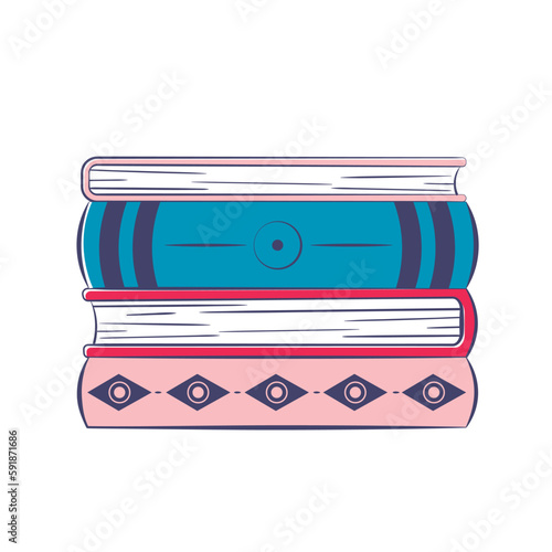 stack of multi-colored books with different patterns on the spines