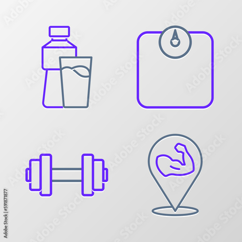 Set line Bodybuilder muscle, Dumbbell, Bathroom scales and Bottle of water with glass icon. Vector