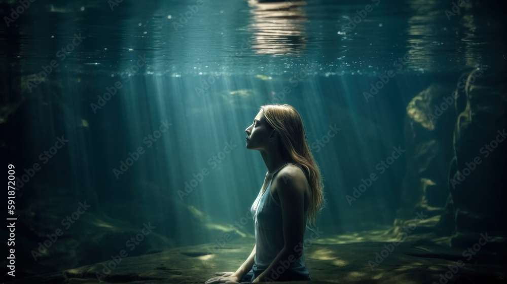 Woman meditating underwater. Generative ai