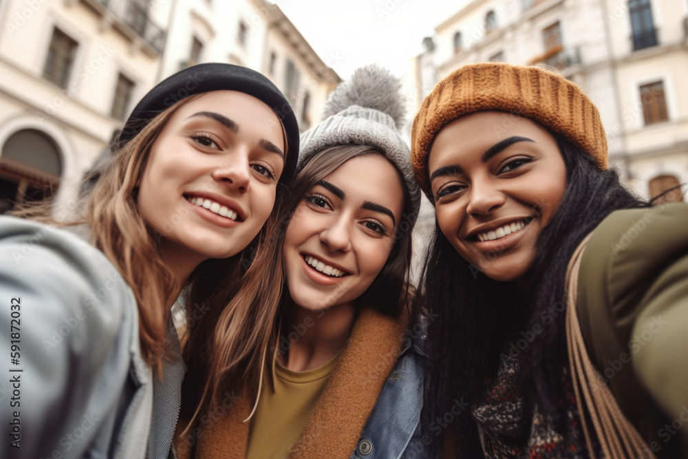 group of diverse friends taking a selfie and smiling in urban street. Generative Ai group of diverse friends taking a selfie and smiling in urban street. Generative Ai