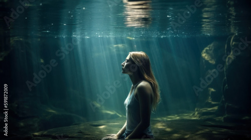 Woman meditating underwater. Generative ai