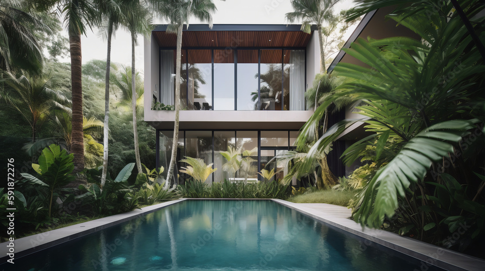 Luxurious tropical pool villa with refined architecture in a lush greenery garden. generative ai - obrazy, fototapety, plakaty 