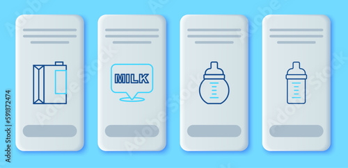 Set line Lettering milk, Baby a bottle, Paper package for kefir and icon. Vector