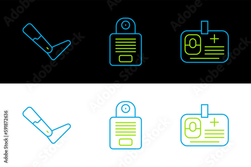 Set line Identification badge, Prosthesis leg and Intercom icon. Vector