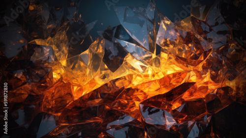 studio photography of a burning ice crystal and smoke in black reflective back
