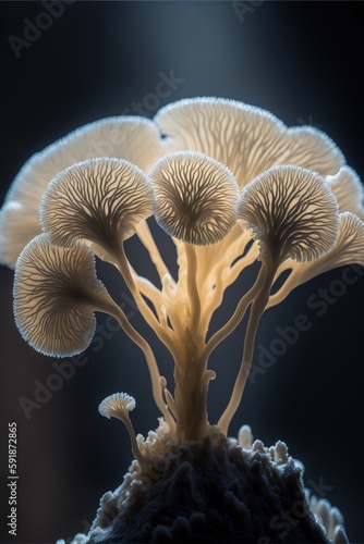 Schizophyllum commune mushroom close up. Generative AI photo