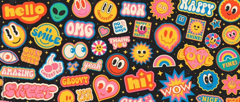 Cool Groovy Stickers Background. Y2k Patches Collage. Pop Art Illustration Vector Design. Funky Pattern. - obrazy, fototapety, plakaty 