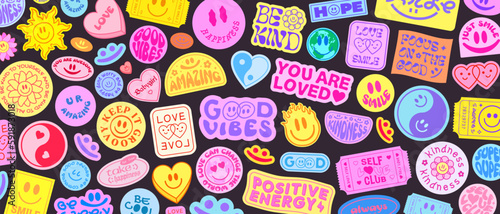 Cool Groovy Stickers Background. Y2k Patches Collage. Pop Art Illustration Vector Design. Funky Pattern.