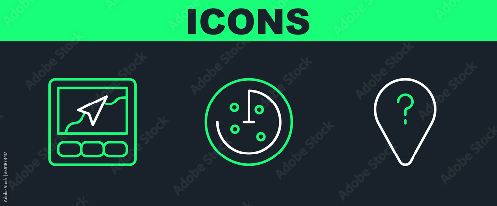 Set line Unknown route point, Gps device with map and Radar targets on monitor icon. Vector Set line Unknown route point, Gps device with map and Radar targets on monitor icon. Vector