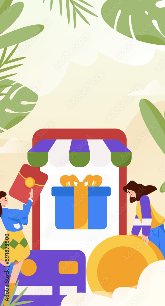 Fototapeta premium Festive Shopping E-Commerce Online Shopping People Flat Vector Concept Operation Hand Drawn Illustration 