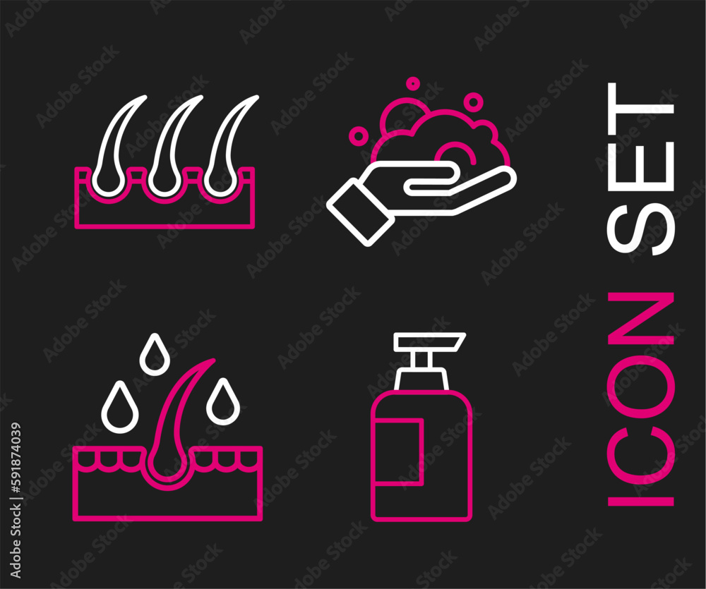 Set line Bottle of shampoo, Oil for hair care treatment, Shaving foam on hand and Human follicle icon. Vector Set line Bottle of shampoo, Oil for hair care treatment, Shaving foam on hand and Human follicle icon. Vector
