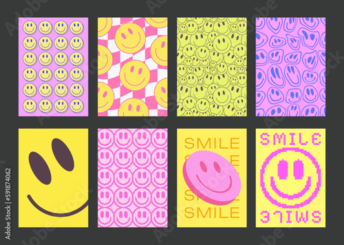 Cool Groovy Pattern Posters Collection. Set of Y2K Textures. Trendy Abstract Geometric 90s Backgrounds. Funky Retro Vintage Backdrops.