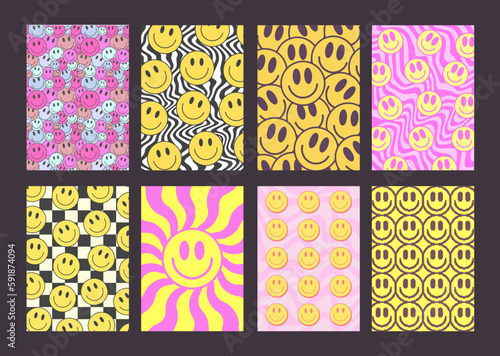 Cool Groovy Pattern Posters Collection. Set of Y2K Textures. Trendy Abstract Geometric 90s Backgrounds. Funky Retro Vintage Backdrops.