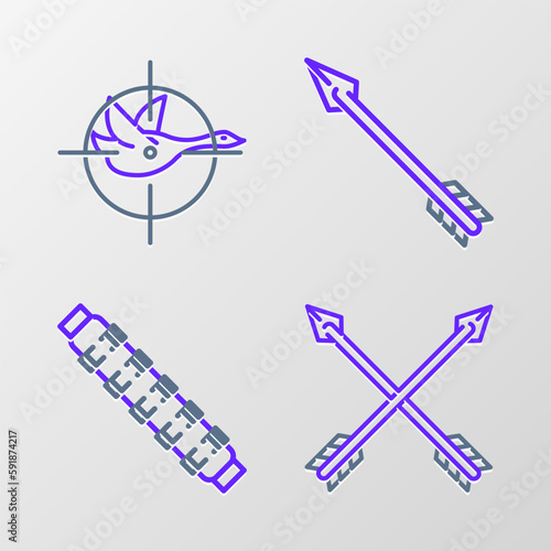 Set line Crossed arrows, Hunting cartridge belt with cartridges, Hipster and on duck crosshairs icon. Vector