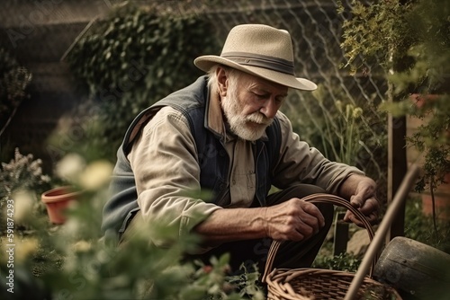 Elderly Gardener Working in the Garden with Passion (Ai generated)