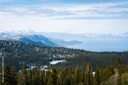 Scenic view of Mount Rose Trial looking down toward Lake Tahoe and Crystal Bay in Nevada, USA