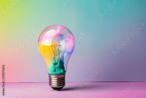 Colorful bulb lamp. Light bulb with colorful paint and splashes isolated on a colored background. Colours of life. Generative AI