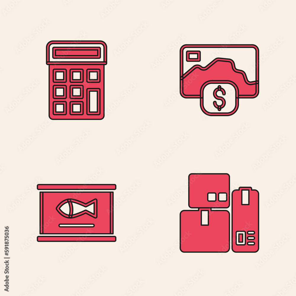 Set Cash register machine, Calculator, Credit card and Canned fish icon. Vector Set Cash register machine, Calculator, Credit card and Canned fish icon. Vector
