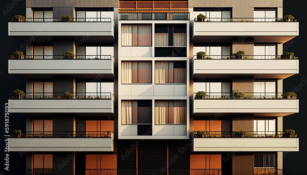 Wohnblock mit Balkons in einer modernen Stadt. Monotone Umgebung aus Beton Wohnungen. Wohnungsmangel und Wohnraum schaffen. Generativ KI