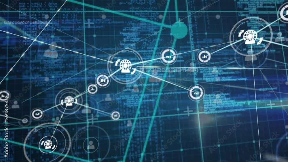 Animation of network of digital icons and data processing over gird network against blue background Animation of network of digital icons and data processing over gird network against blue background