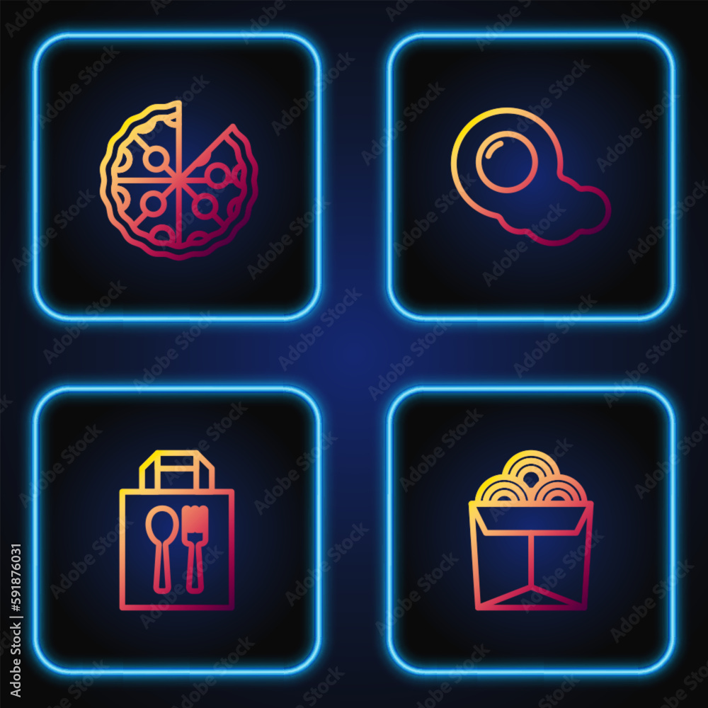 Set line Noodles in box, Online ordering and delivery, Pizza and Scrambled eggs. Gradient color icons. Vector Set line Noodles in box, Online ordering and delivery, Pizza and Scrambled eggs. Gradient color icons. Vector