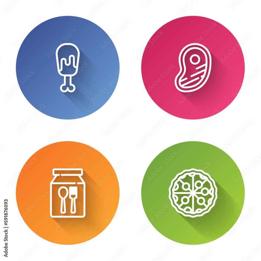 Set line Chicken leg, Steak meat, Online ordering and delivery and Pizza. Color circle button. Vector Set line Chicken leg, Steak meat, Online ordering and delivery and Pizza. Color circle button. Vector