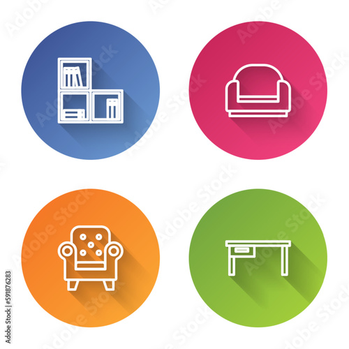 Set line Shelf with books, Armchair, and Office desk. Color circle button. Vector