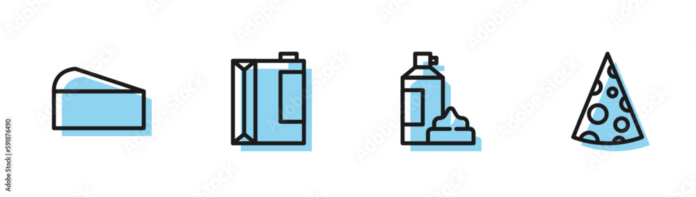 Set line Whipped cream in bottle, Cheese, Paper package for kefir and icon. Vector Set line Whipped cream in bottle, Cheese, Paper package for kefir and icon. Vector