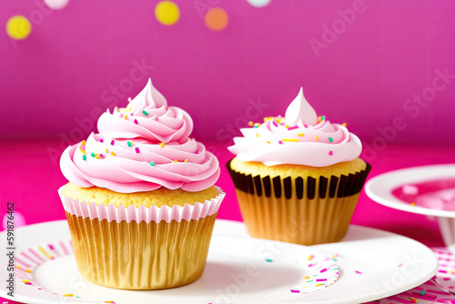 Cupcakes with pink buttercream frosting on a pink background. AI Generated AI Generative