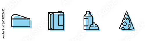 Set line Whipped cream in bottle, Cheese, Paper package for kefir and icon. Vector
