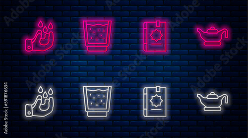 Set line Glass with water, Holy book of Koran, Wudhu and Oil lamp. Glowing neon icon on brick wall. Vector