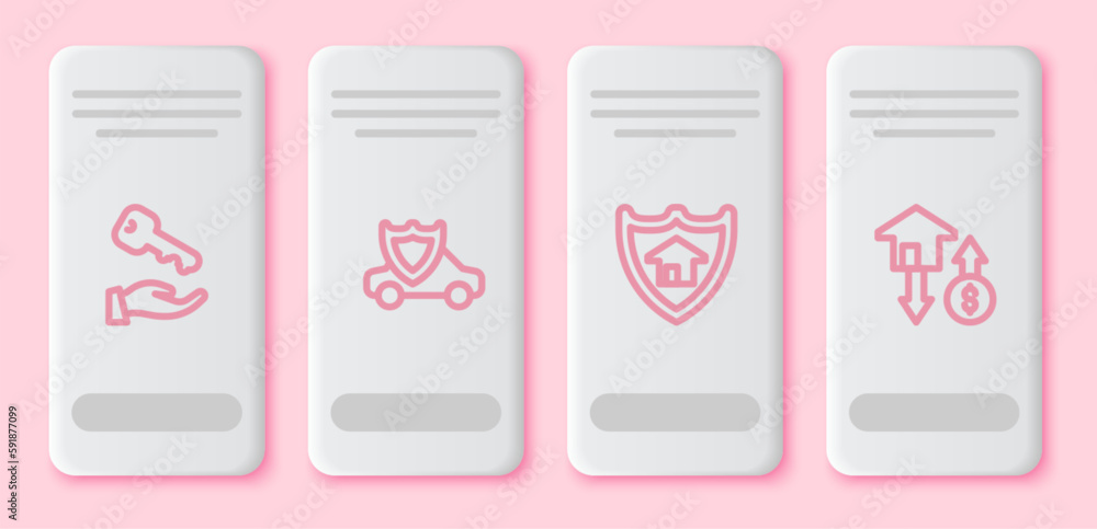 Set line House key, Car with shield, and dollar. White rectangle button. Vector Set line House key, Car with shield, and dollar. White rectangle button. Vector
