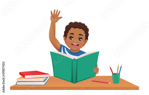 Happy African school boy reading holding open book raising hand at the desk isolated vector illustration