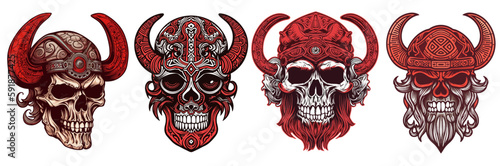 Viking skull, 2d flat color design, red and black ink