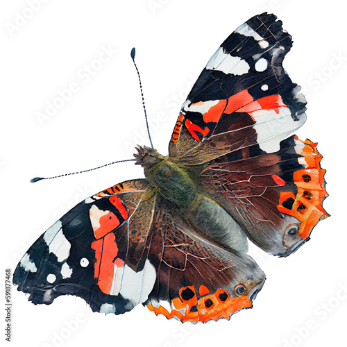 Red admiral buterfly. Watercolor with transparent background. Generative AI
