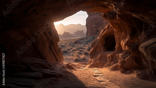 Opening in the rock, sun shines near the arch, a desert in the background., in the style of light beige and orange.