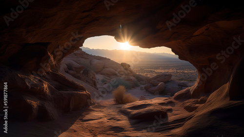 Opening in the rock, sun shines near the arch, a desert in the background., in the style of light beige and orange.