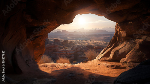 Opening in the rock, sun shines near the arch, a desert in the background., in the style of light beige and orange.